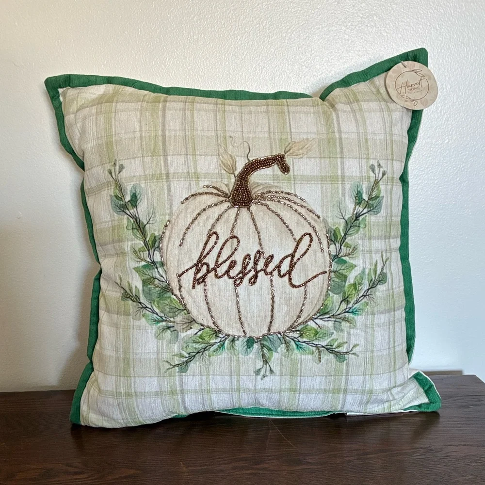 HP-NWT 16x16 Soft Green & Cream Plaid- Blessed Beaded Pumpkin Decorative Pillow